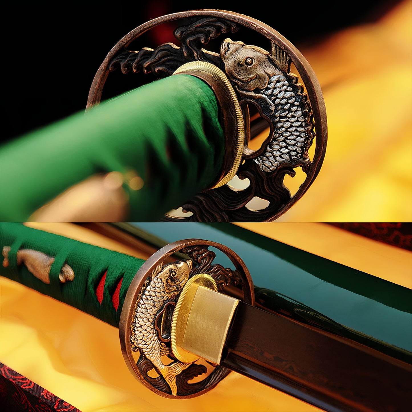A two-part composite image showing detailed close-ups of the copper "Koi Leaping the Dragon Gate" theme tsuba on the Nishikigoi Katana.