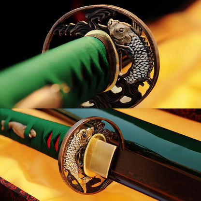 A two-part composite image showing detailed close-ups of the copper "Koi Leaping the Dragon Gate" theme tsuba on the Nishikigoi Katana.