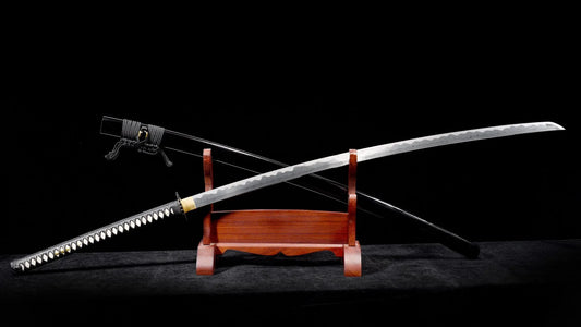 The nodachi blade and sheathed saya crossed on a display stand — full composite view.