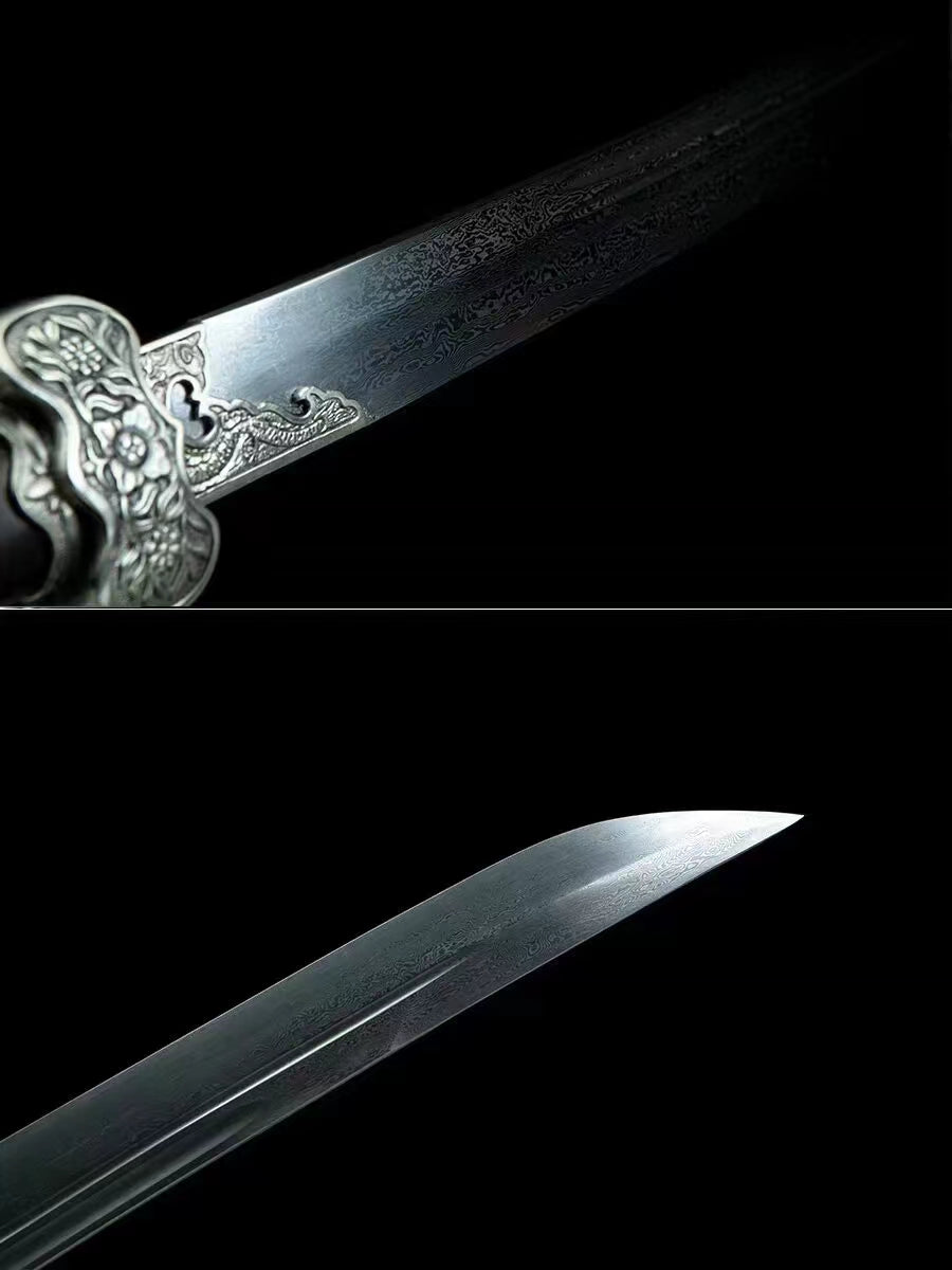 A composite image of the General's Virtue Dao's blade, showcasing the flowing grain (hada) of the Hundred-Refined Pattern Steel and a close-up of the sharp blade tip.