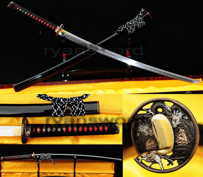 Authentic Katana swords full tang classical tsuba Folded steel clay tempered Dragon style