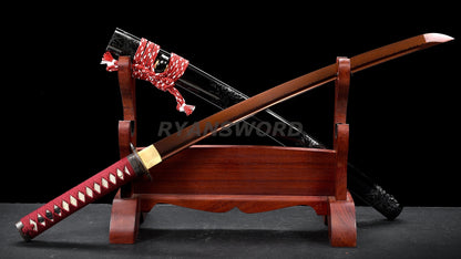 Handemade Wakizashi Japanese Sword Folded Steel Reddish Black Blade Full Tang