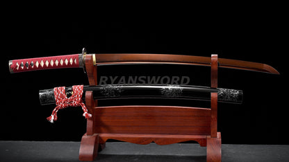 Handemade Wakizashi Japanese Sword Folded Steel Reddish Black Blade Full Tang