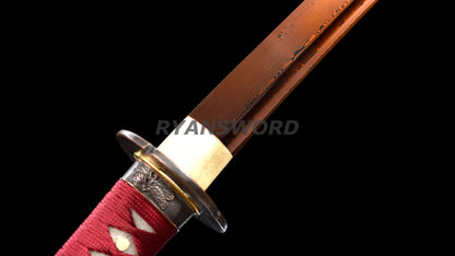 Handemade Wakizashi Japanese Sword Folded Steel Reddish Black Blade Full Tang
