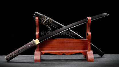 Folded Steel Wakizashi Japanese Sword Black Blade Brass Fittings full tang
