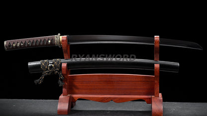 Folded Steel Wakizashi Japanese Sword Black Blade Brass Fittings full tang