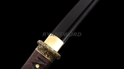 Folded Steel Wakizashi Japanese Sword Black Blade Brass Fittings full tang