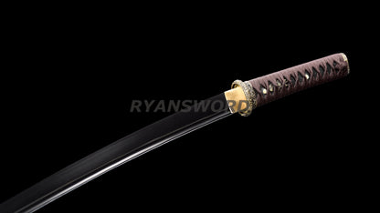 Folded Steel Wakizashi Japanese Sword Black Blade Brass Fittings full tang
