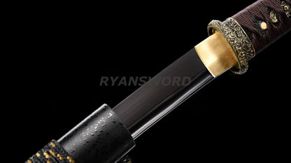 Folded Steel Wakizashi Japanese Sword Black Blade Brass Fittings full tang