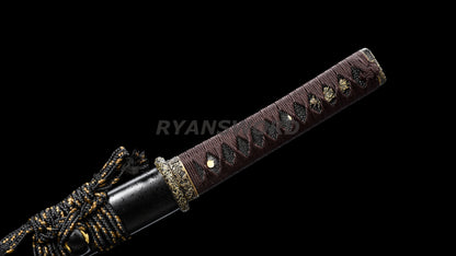 Folded Steel Wakizashi Japanese Sword Black Blade Brass Fittings full tang