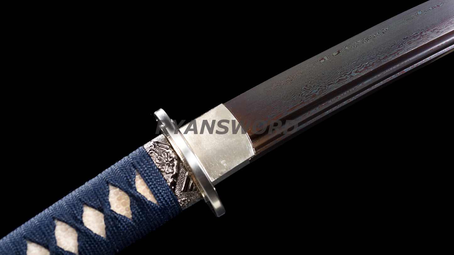 Tanto Japanese Short Sword Blue Blade Folded Steel Iron Tsuba Full Tang Sharp