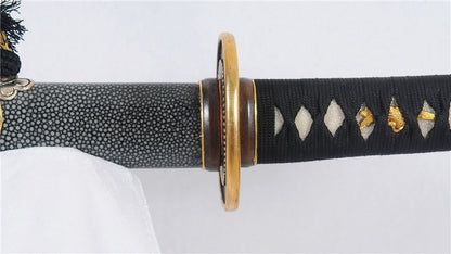 Tachi Folded 1095 Carbon Steel Clay Tempered Full-Rayskin Saya Copper Tsuba