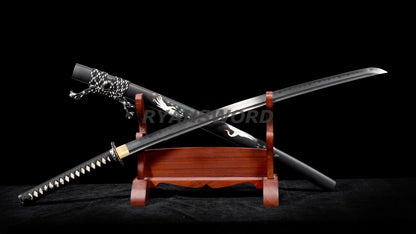 Katana Clay Tempered 1095 Folded Steel Hand-Drawn Crane Saya full tang sharp