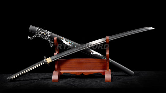 Katana Clay Tempered 1095 Folded Steel Hand-Drawn Crane Saya full tang sharp