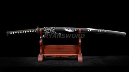Katana Clay Tempered 1095 Folded Steel Hand-Drawn Crane Saya full tang sharp