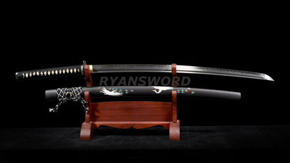Katana Clay Tempered 1095 Folded Steel Hand-Drawn Crane Saya full tang sharp