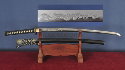 Katana 1095 High Carbon Steel Clay Tempered with Engraving Full tang Ray skin saya