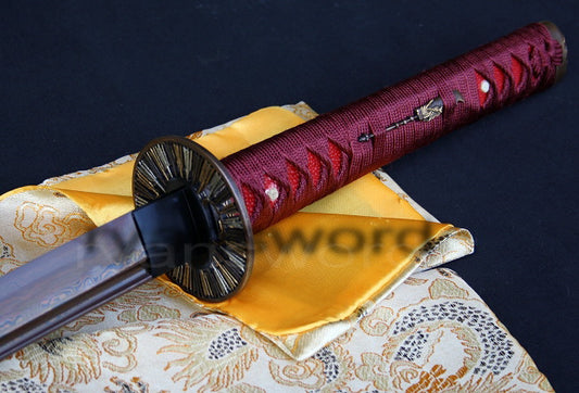 Damascus Blade with Red Folded Pattern Japanese samurai katana sword full tang