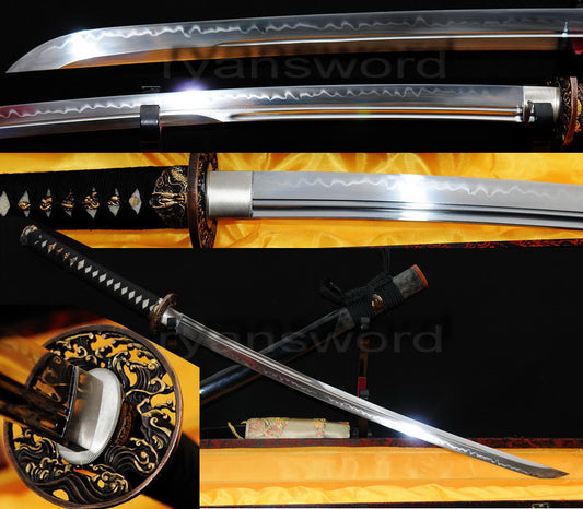 T10 Steel Clay Tempered Katana Japanese sword for samurai full tang battle ready razor sharp Wave style