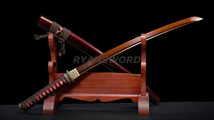 Wakizashi Folded Steel Japanese Sword Brass Tsuba Reddish Black Blade