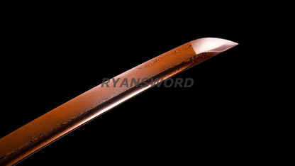Wakizashi Folded Steel Japanese Sword Brass Tsuba Reddish Black Blade