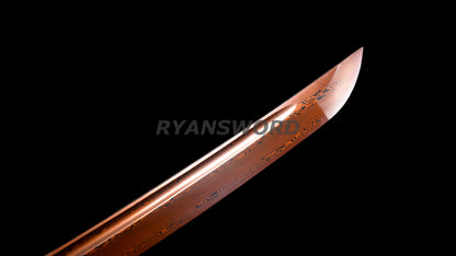 Wakizashi Folded Steel Japanese Sword Brass Tsuba Reddish Black Blade