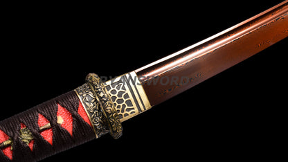 Wakizashi Folded Steel Japanese Sword Brass Tsuba Reddish Black Blade