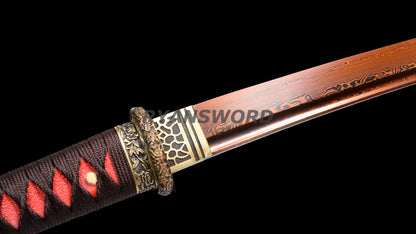 Wakizashi Folded Steel Japanese Sword Brass Tsuba Reddish Black Blade