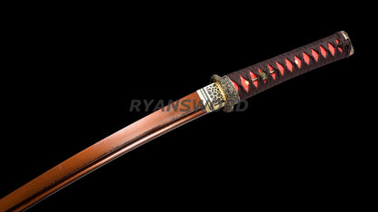 Wakizashi Folded Steel Japanese Sword Brass Tsuba Reddish Black Blade