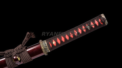 Wakizashi Folded Steel Japanese Sword Brass Tsuba Reddish Black Blade