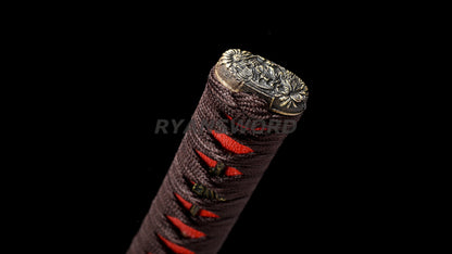 Wakizashi Folded Steel Japanese Sword Brass Tsuba Reddish Black Blade