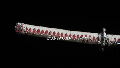 Tachi Japanese Sword 1095 High Carbon Steel Clay Tempered Ebony Saya Copper Tsuba