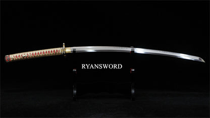 Tachi Japanese Sword 1095 High Carbon Steel Clay Tempered Ebony Saya Copper Tsuba