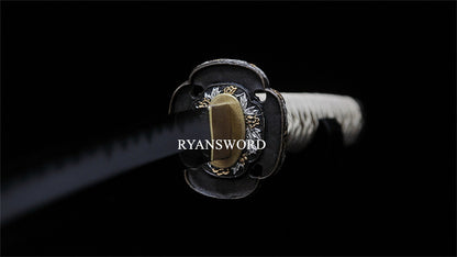 Tachi Japanese Sword 1095 High Carbon Steel Clay Tempered Ebony Saya Copper Tsuba