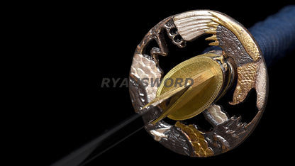Wakizashi Damascus Folded Steel Blade Copper Eagle Tsuba Sharp full tang
