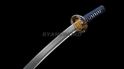 Wakizashi Damascus Folded Steel Blade Copper Eagle Tsuba Sharp full tang