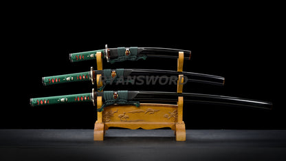 Japanese Sword Set Katana+Wakizashi+Tanto Honsanmai Rayskin Saya Copper Fittings