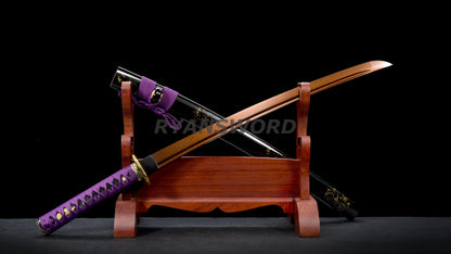 Wakizashi Damascus Steel Reddish Black blade purple ropes full tang