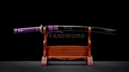 Wakizashi Damascus Steel Reddish Black blade purple ropes full tang