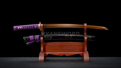 Wakizashi Damascus Steel Reddish Black blade purple ropes full tang