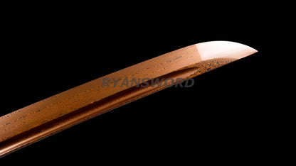 Wakizashi Damascus Steel Reddish Black blade purple ropes full tang