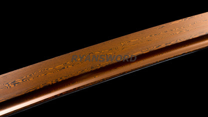 Wakizashi Damascus Steel Reddish Black blade purple ropes full tang