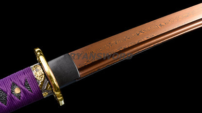 Wakizashi Damascus Steel Reddish Black blade purple ropes full tang