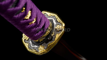 Wakizashi Damascus Steel Reddish Black blade purple ropes full tang