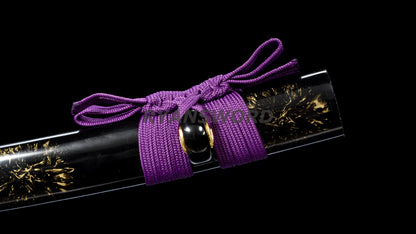 Wakizashi Damascus Steel Reddish Black blade purple ropes full tang