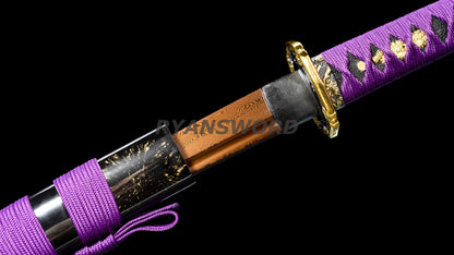 Wakizashi Damascus Steel Reddish Black blade purple ropes full tang
