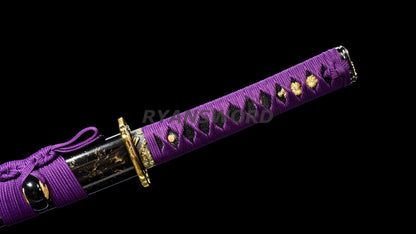 Wakizashi Damascus Steel Reddish Black blade purple ropes full tang
