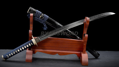 Japanese Wakizashi Silver Tsuba Clay Tempered Unokubi-Zukuri Blade Battle Ready