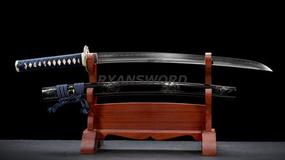 Japanese Wakizashi Silver Tsuba Clay Tempered Unokubi-Zukuri Blade Battle Ready