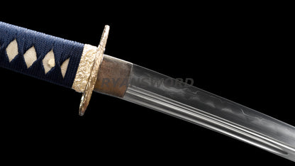 Japanese Wakizashi Silver Tsuba Clay Tempered Unokubi-Zukuri Blade Battle Ready